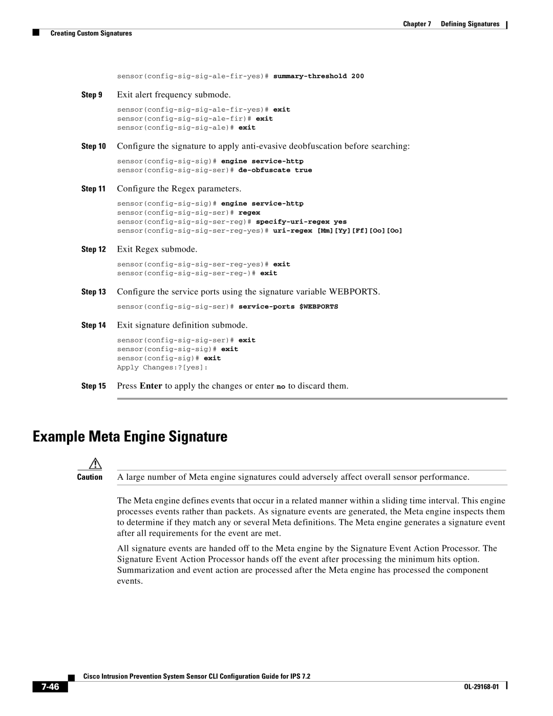 Cisco Systems IPS4510K9 manual Example Meta Engine Signature, Exit alert frequency submode, Configure the Regex parameters 