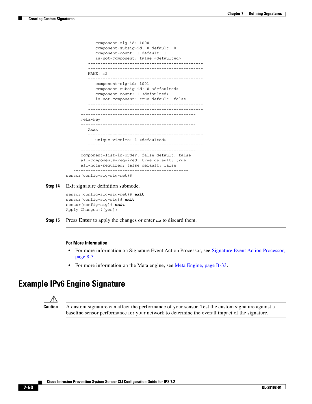 Cisco Systems IPS4510K9 manual Example IPv6 Engine Signature, Exit signature definition submode 