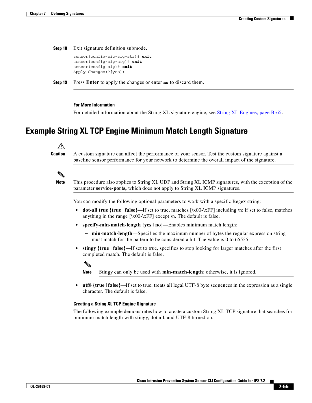 Cisco Systems IPS4510K9 Example String XL TCP Engine Minimum Match Length Signature, Exit signature definition submode 