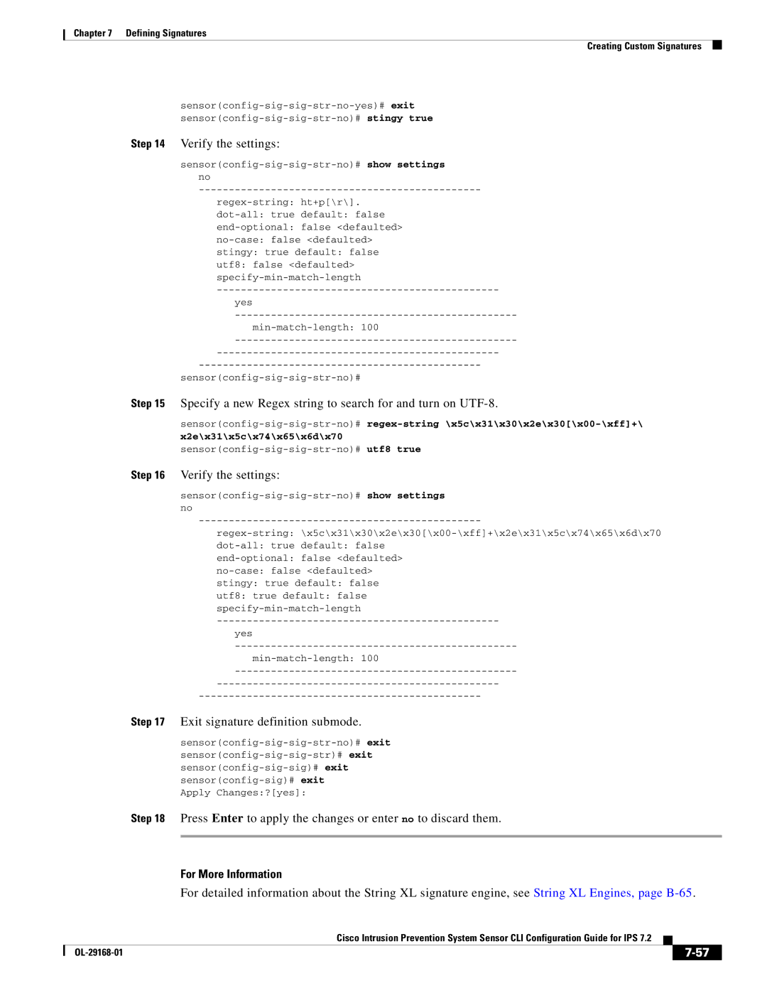 Cisco Systems IPS4510K9 manual Verify the settings, Specify a new Regex string to search for and turn on UTF-8 