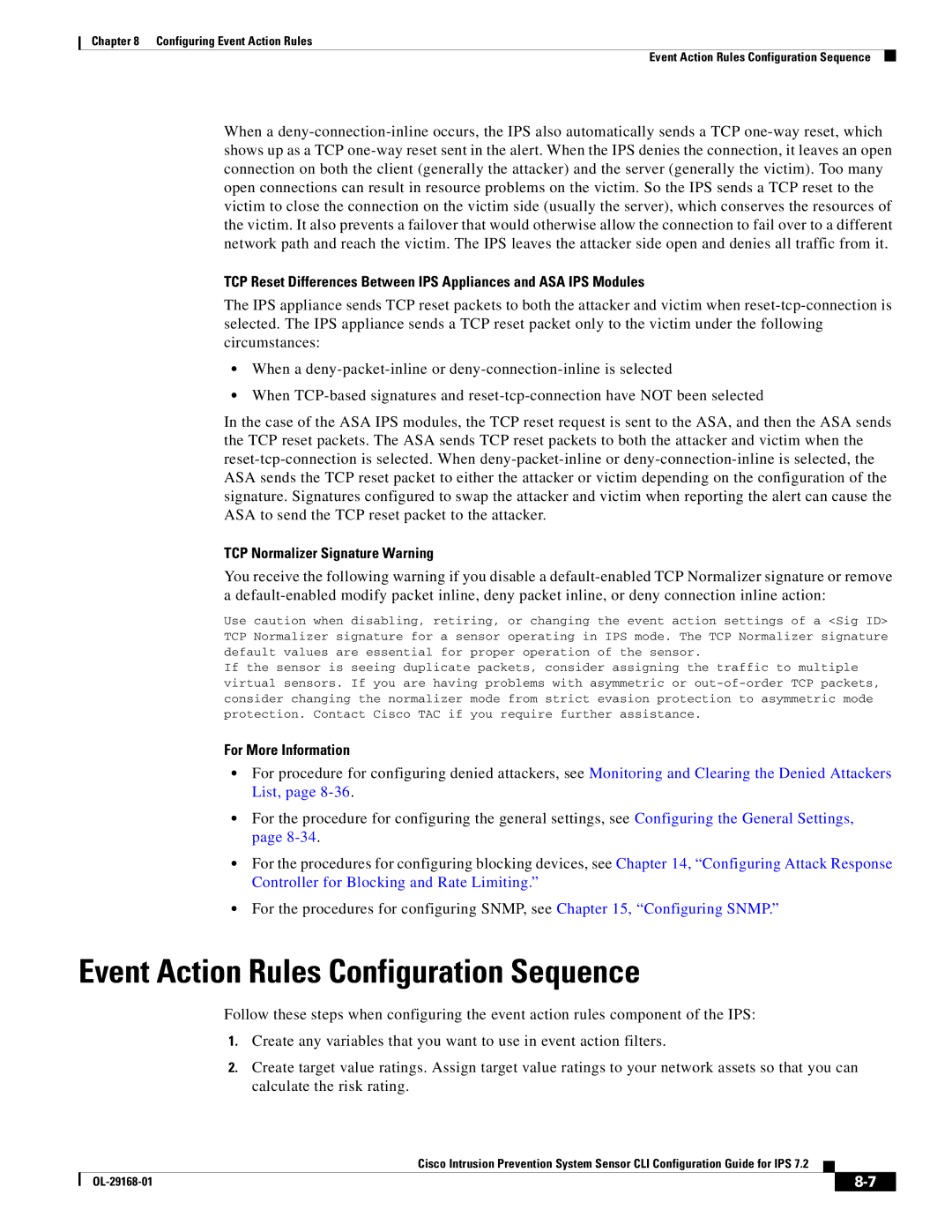 Cisco Systems IPS4510K9 manual Event Action Rules Configuration Sequence, TCP Normalizer Signature Warning 