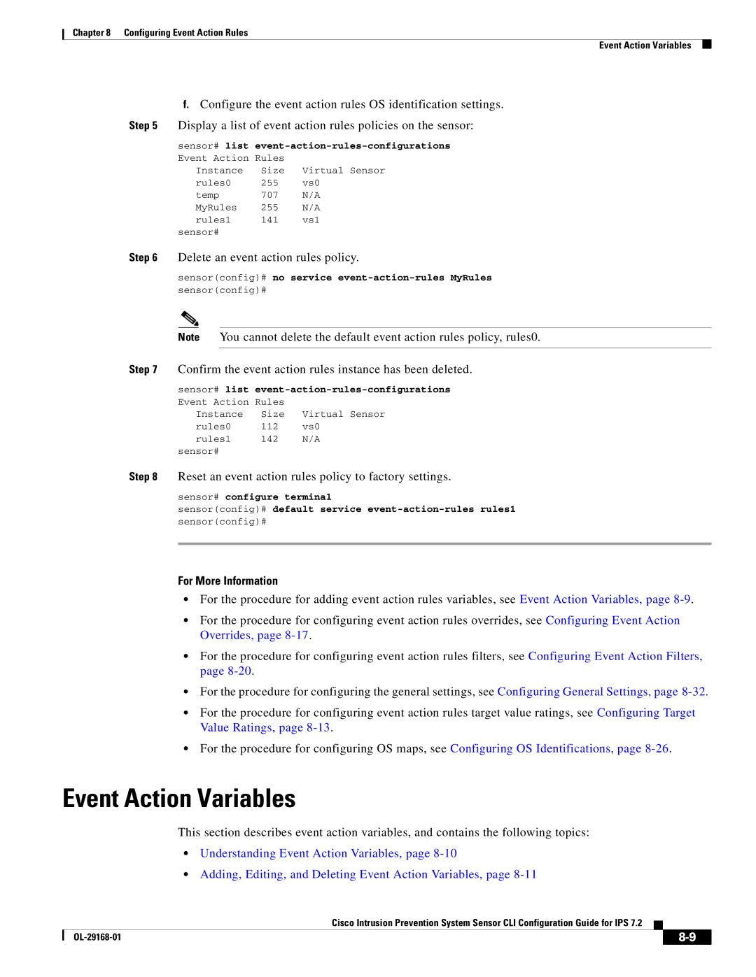 Cisco Systems IPS4510K9 manual Event Action Variables, Delete an event action rules policy 