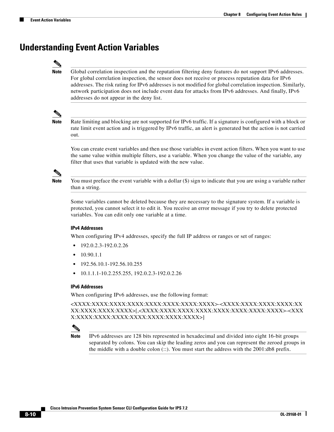 Cisco Systems IPS4510K9 manual Understanding Event Action Variables, IPv4 Addresses, IPv6 Addresses 