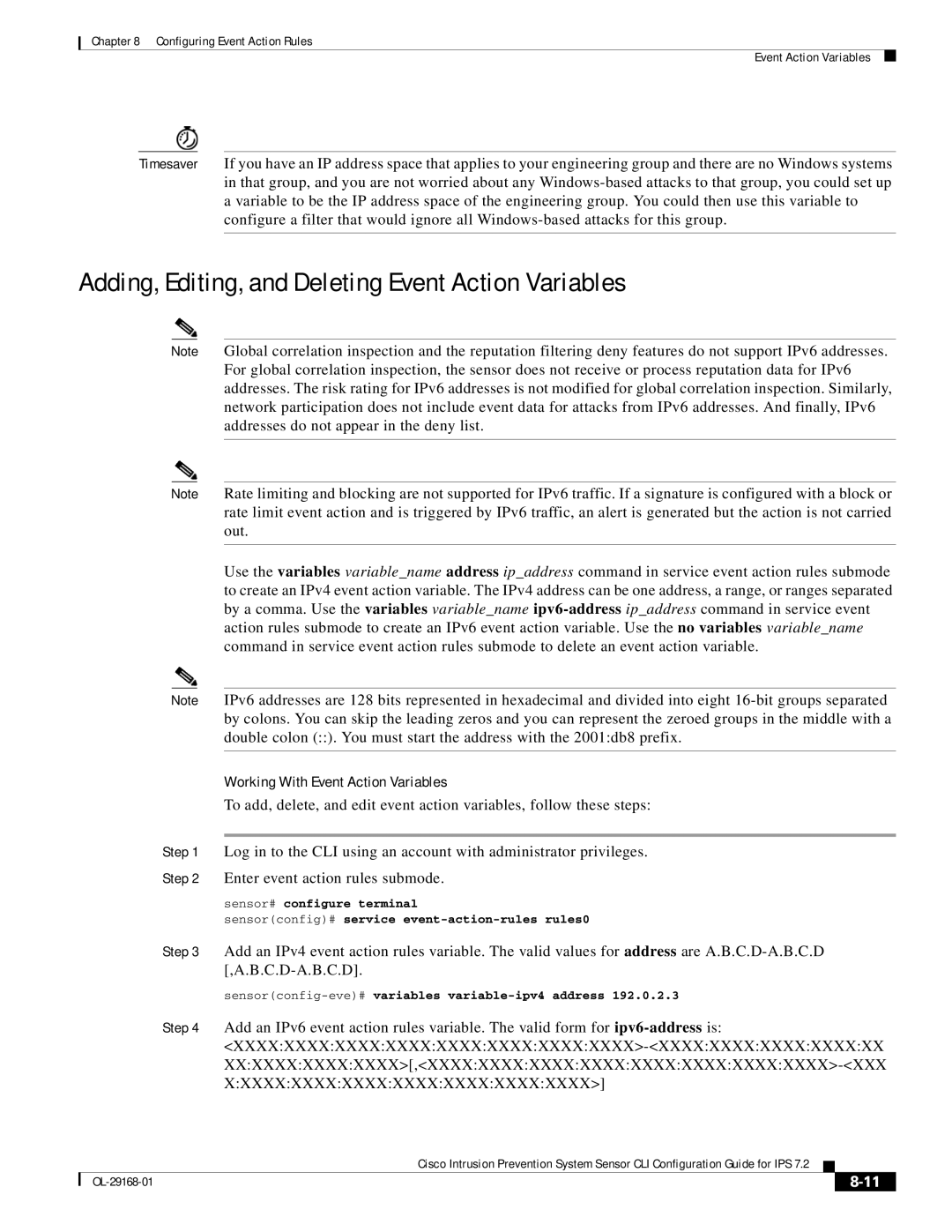 Cisco Systems IPS4510K9 manual Adding, Editing, and Deleting Event Action Variables, Working With Event Action Variables 