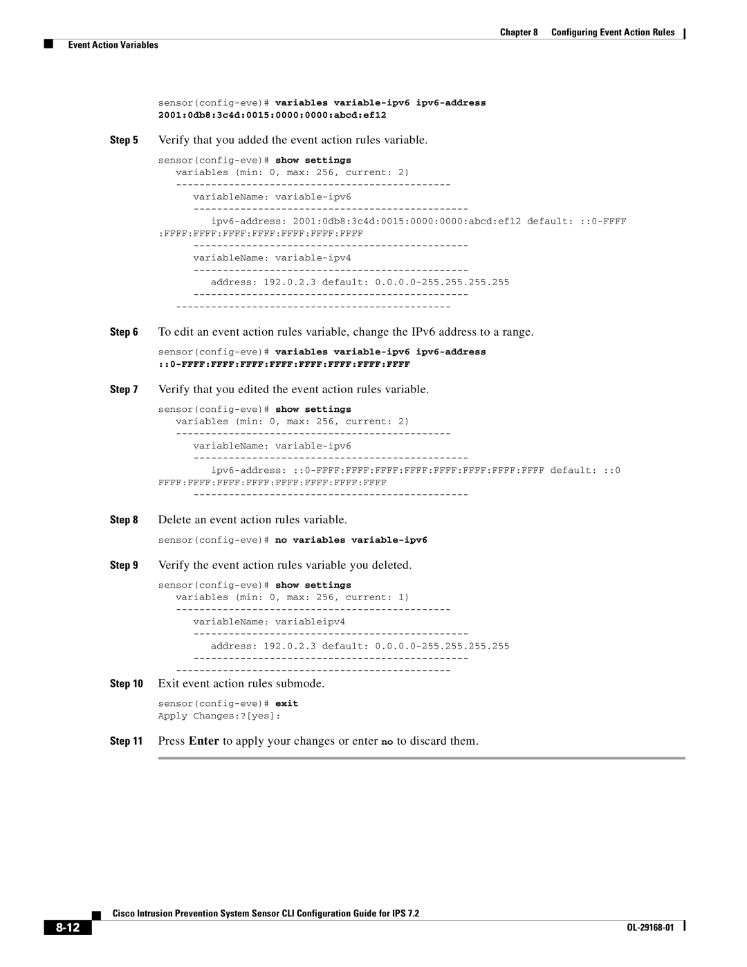 Cisco Systems IPS4510K9 manual Verify that you added the event action rules variable, Delete an event action rules variable 