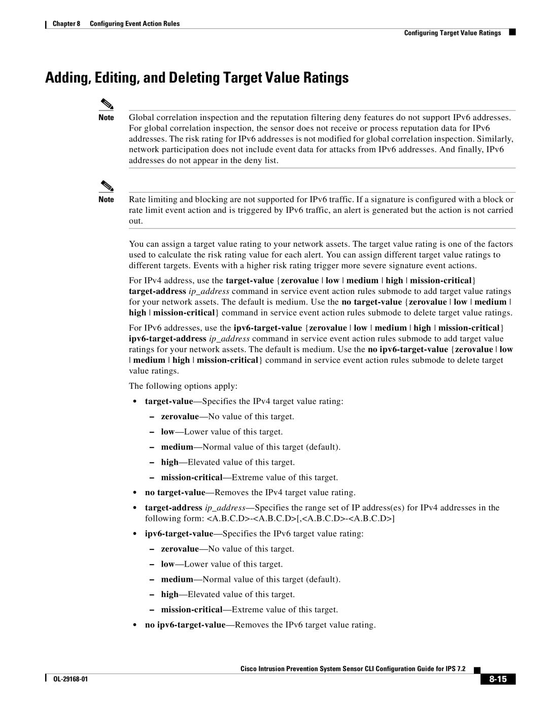 Cisco Systems IPS4510K9 manual Adding, Editing, and Deleting Target Value Ratings 