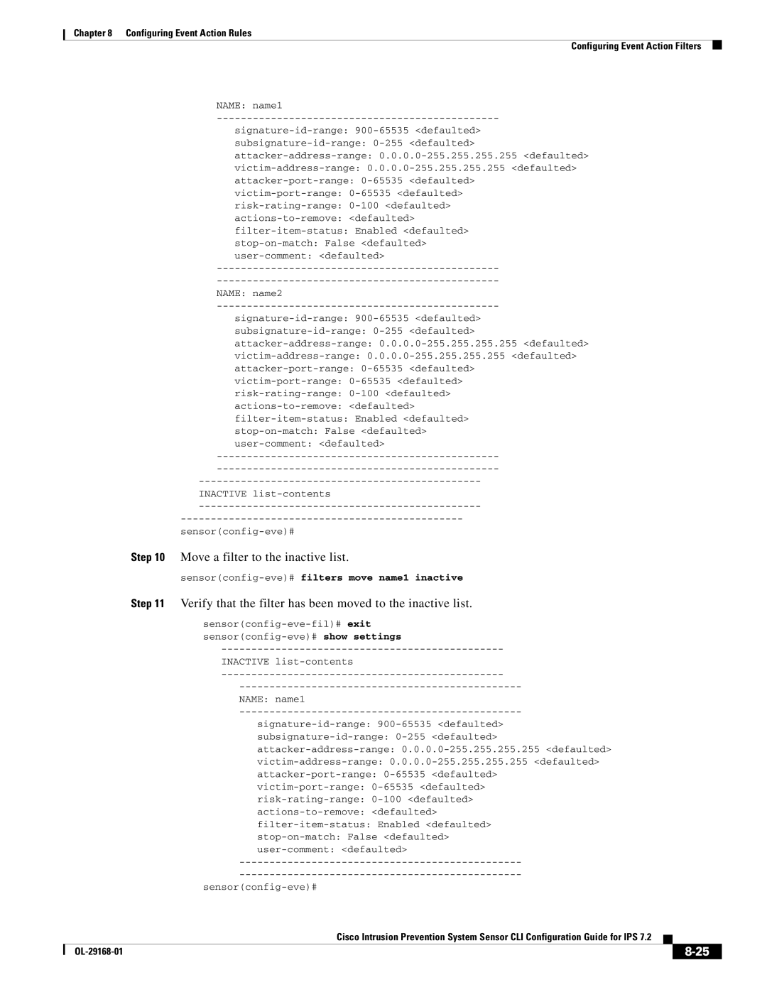 Cisco Systems IPS4510K9 Move a filter to the inactive list, Verify that the filter has been moved to the inactive list 