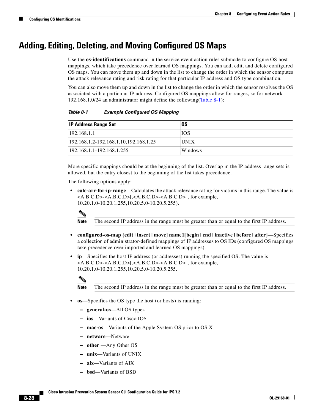 Cisco Systems IPS4510K9 manual Adding, Editing, Deleting, and Moving Configured OS Maps, IP Address Range Set, Ios, Unix 