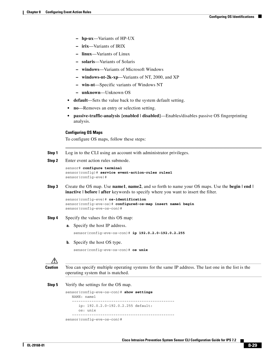 Cisco Systems IPS4510K9 manual Configuring OS Maps, Specify the host OS type, Verify the settings for the OS map 