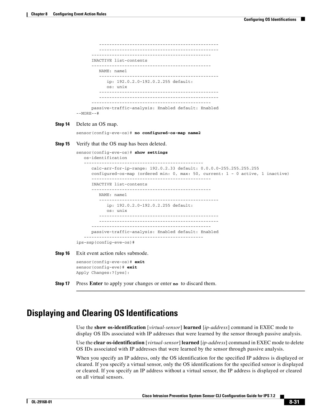 Cisco Systems IPS4510K9 manual Displaying and Clearing OS Identifications, Delete an OS map 