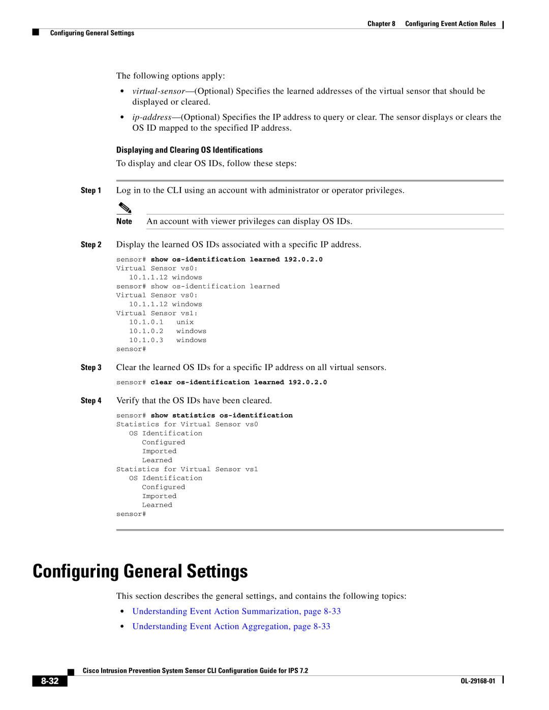 Cisco Systems IPS4510K9 manual Configuring General Settings, Displaying and Clearing OS Identifications 