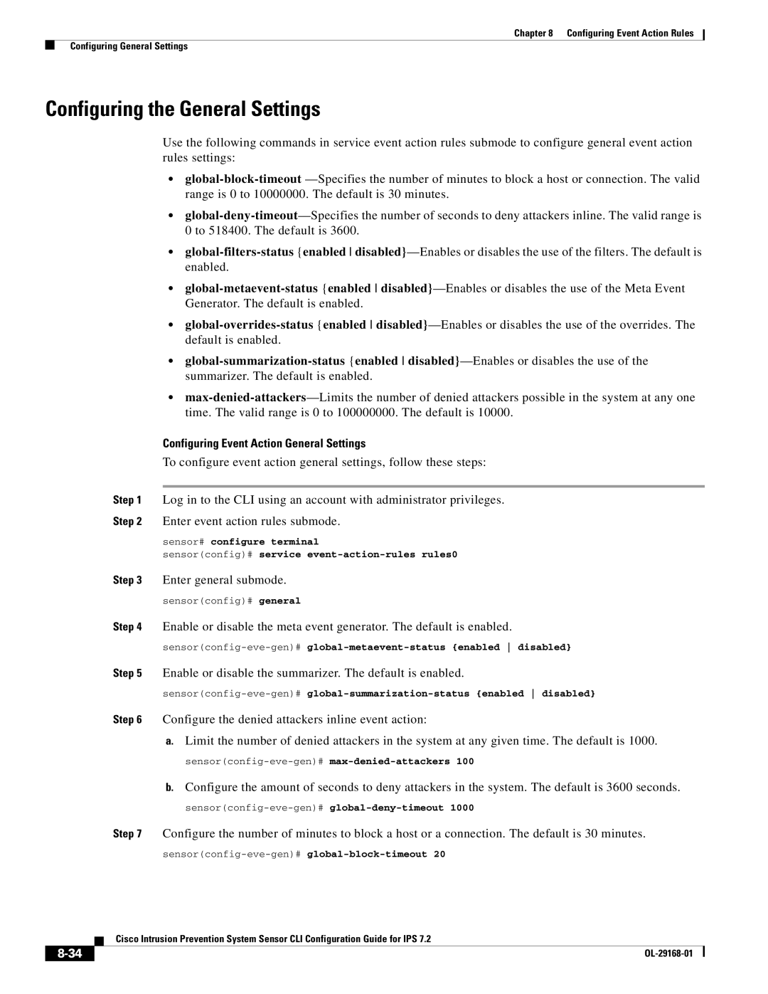 Cisco Systems IPS4510K9 Configuring the General Settings, Configuring Event Action General Settings, Enter general submode 