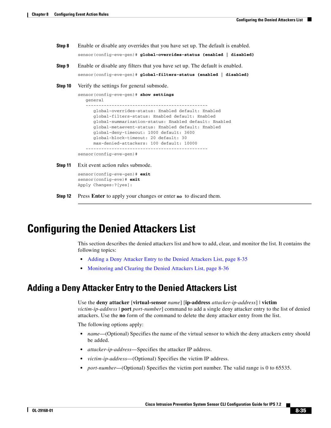 Cisco Systems IPS4510K9 Configuring the Denied Attackers List, Adding a Deny Attacker Entry to the Denied Attackers List 