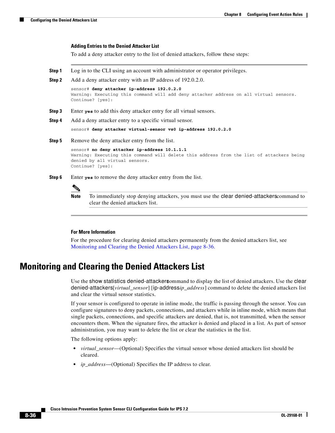 Cisco Systems IPS4510K9 Monitoring and Clearing the Denied Attackers List, Adding Entries to the Denied Attacker List 