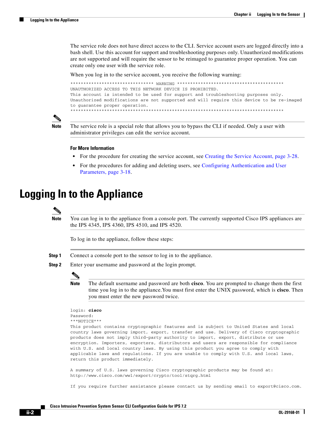 Cisco Systems IPS4510K9 manual Logging In to the Appliance, For More Information, Ii-2 