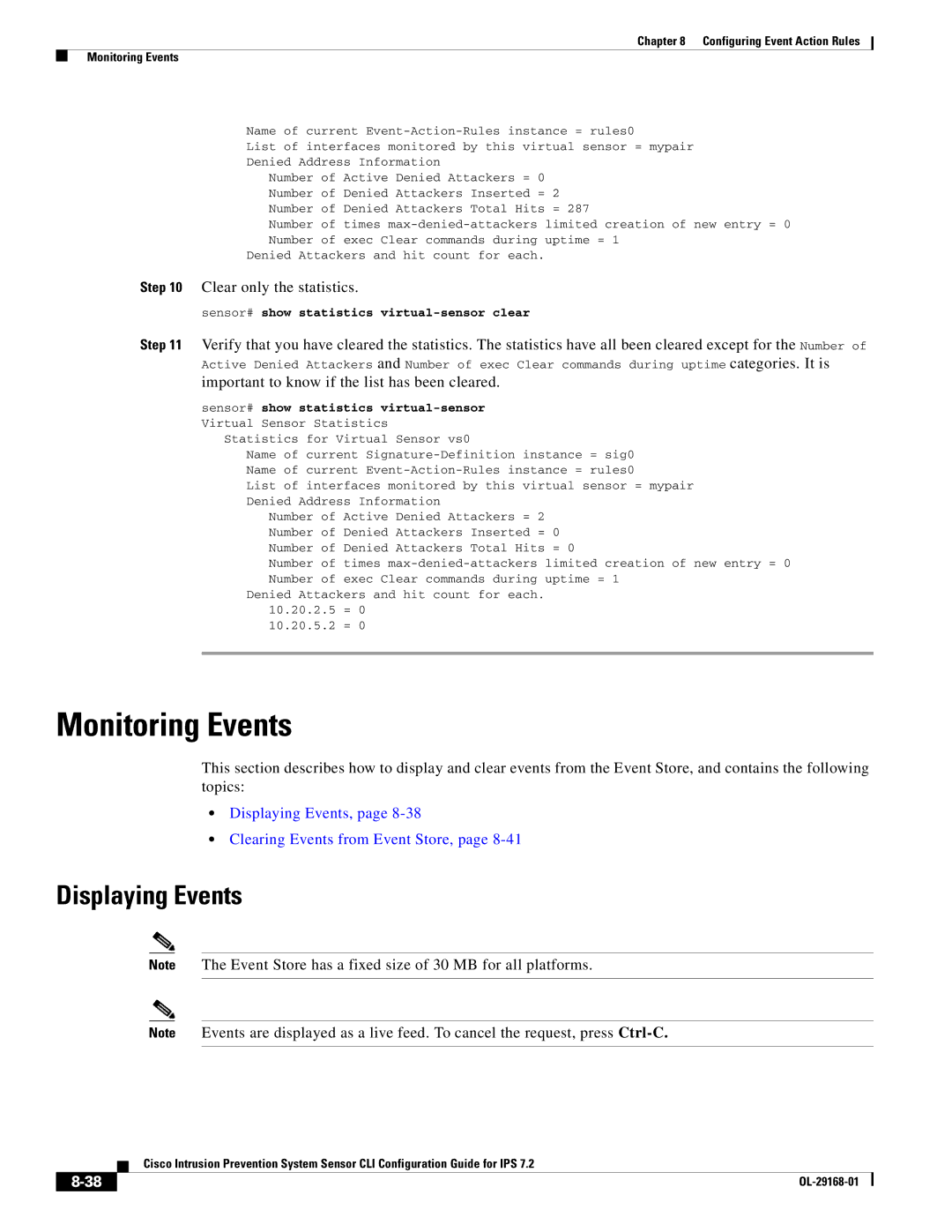 Cisco Systems IPS4510K9 manual Monitoring Events, Displaying Events, Clear only the statistics 