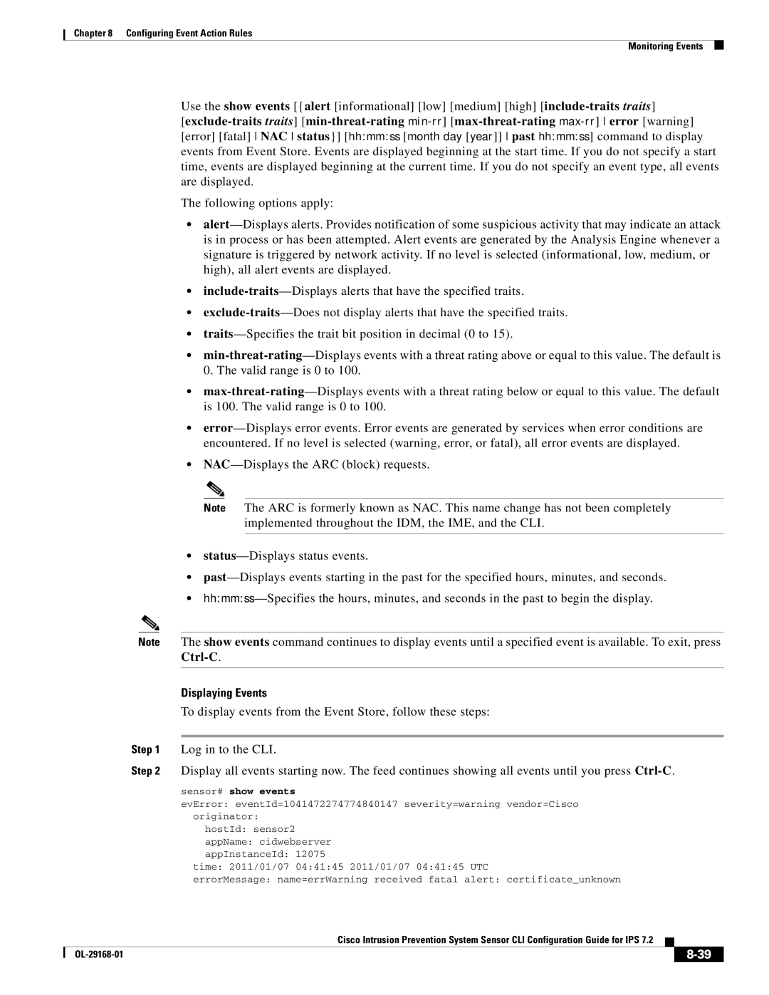 Cisco Systems IPS4510K9 Displaying Events, To display events from the Event Store, follow these steps, Sensor# show events 