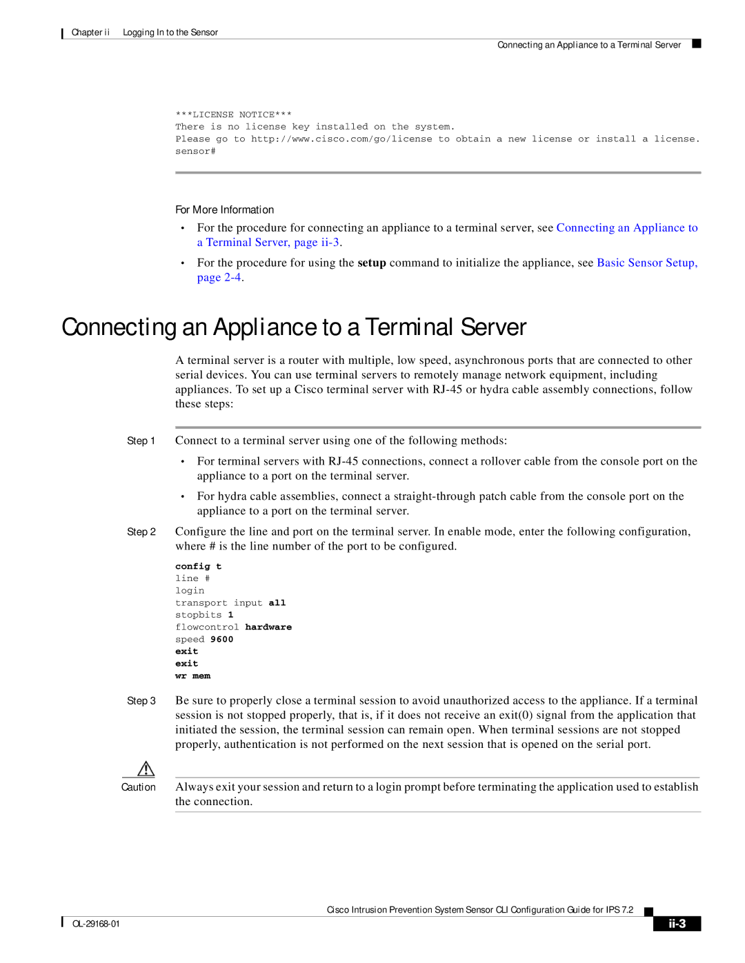 Cisco Systems IPS4510K9 manual Connecting an Appliance to a Terminal Server, Ii-3, Config t, Exit Wr mem 