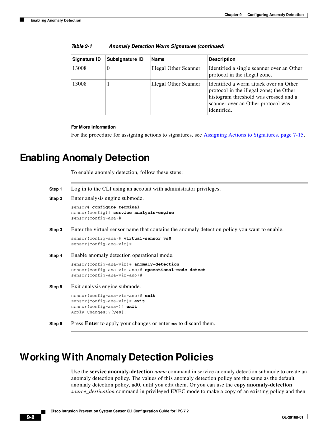 Cisco Systems IPS4510K9 Enabling Anomaly Detection, Working With Anomaly Detection Policies, Exit analysis engine submode 