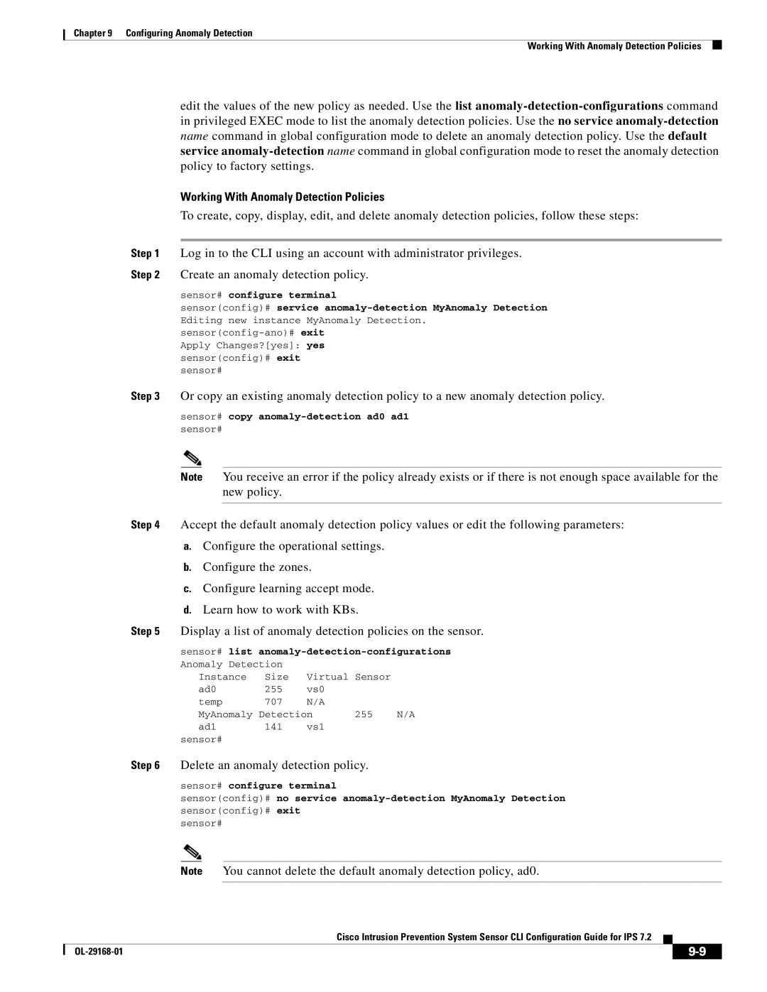 Cisco Systems IPS4510K9 manual Working With Anomaly Detection Policies, Delete an anomaly detection policy 