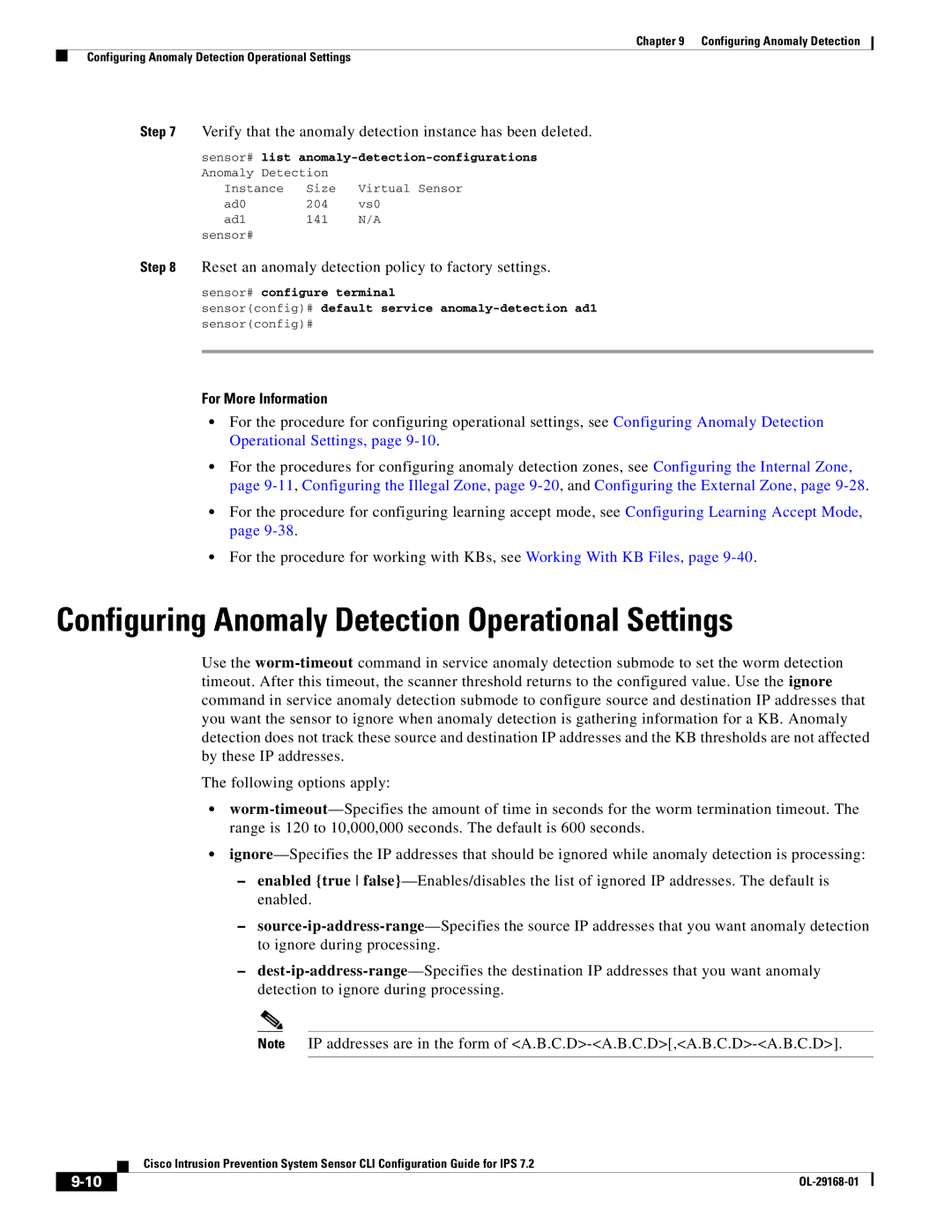 Cisco Systems IPS4510K9 Configuring Anomaly Detection Operational Settings, Sensor# list anomaly-detection-configurations 