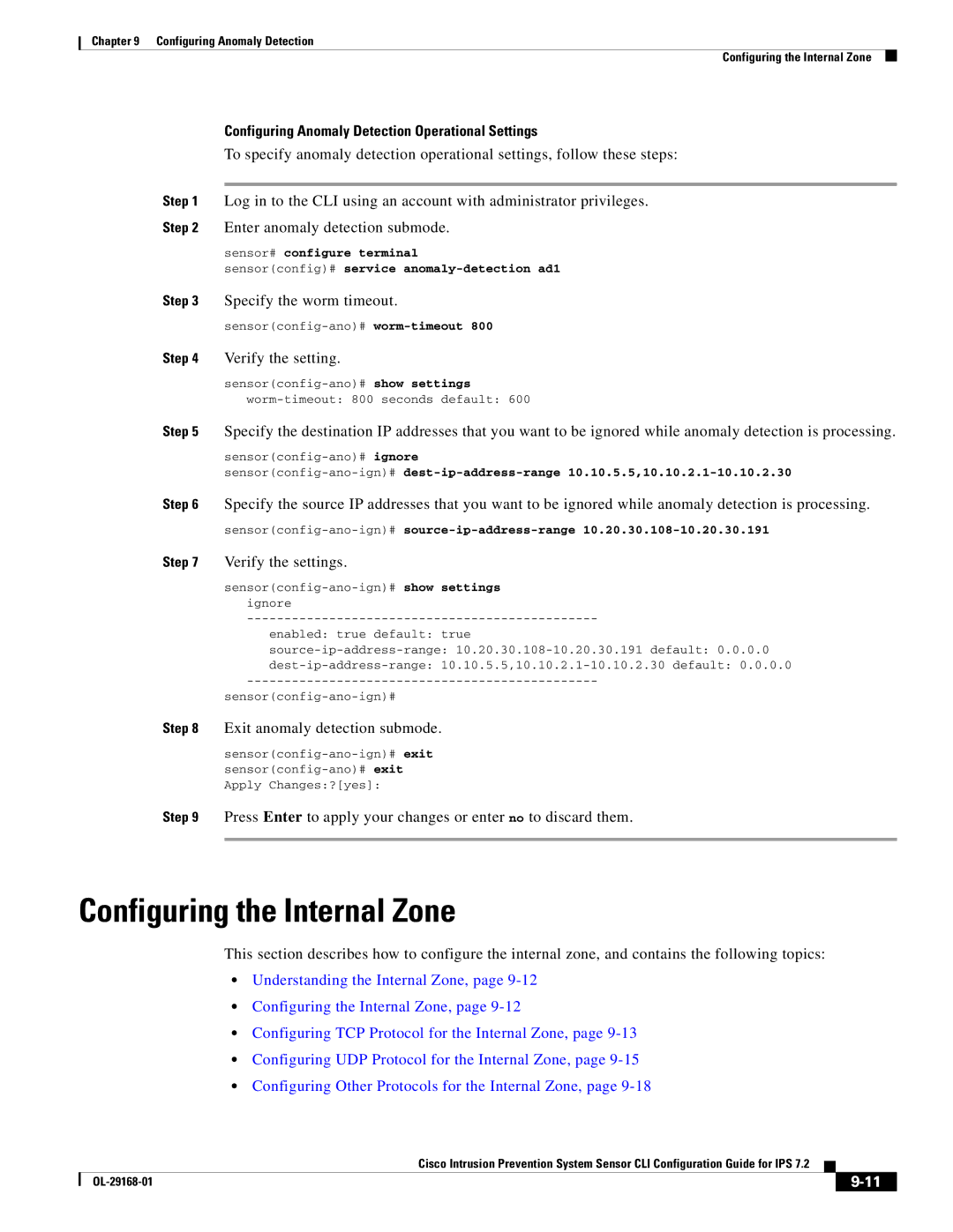 Cisco Systems IPS4510K9 manual Configuring the Internal Zone, Configuring Anomaly Detection Operational Settings 