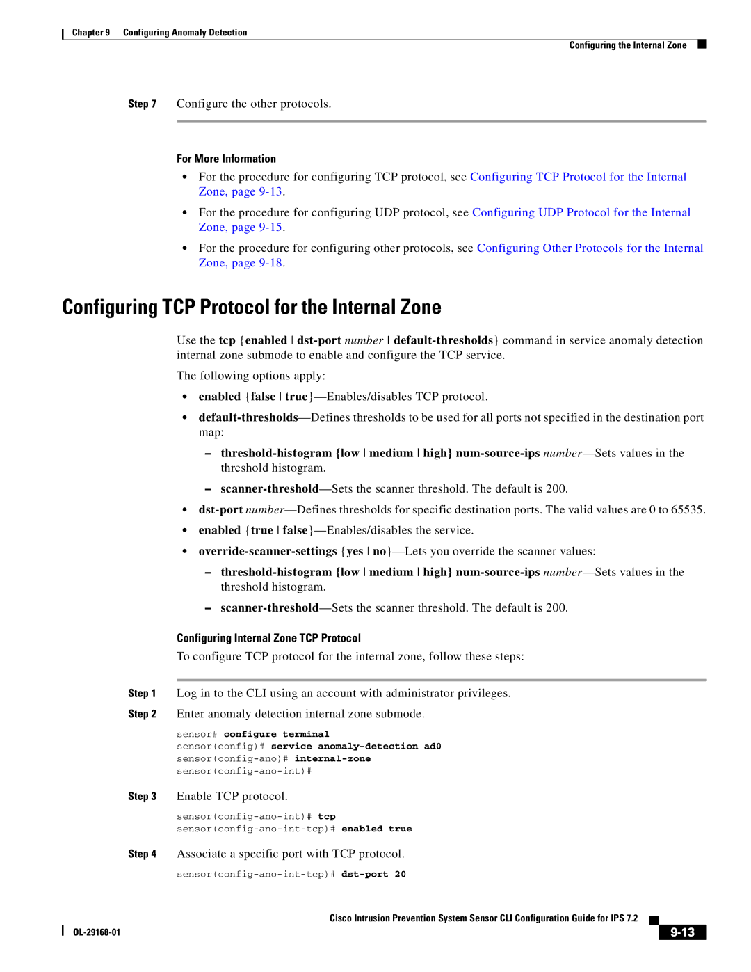 Cisco Systems IPS4510K9 Configuring TCP Protocol for the Internal Zone, Configure the other protocols, Enable TCP protocol 