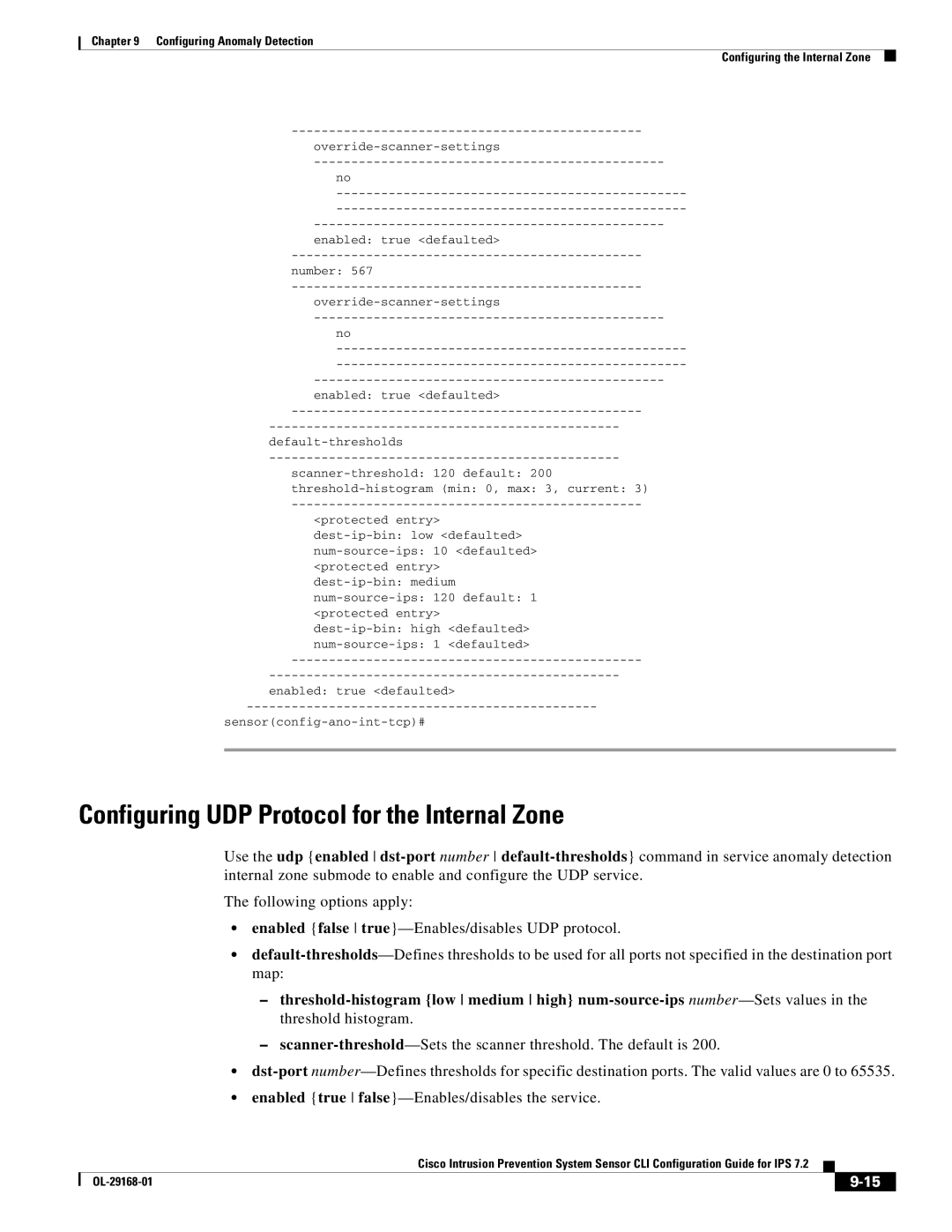 Cisco Systems IPS4510K9 manual Configuring UDP Protocol for the Internal Zone 