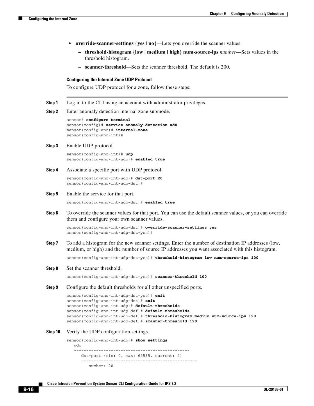 Cisco Systems IPS4510K9 manual Configuring the Internal Zone UDP Protocol, Enable UDP protocol 