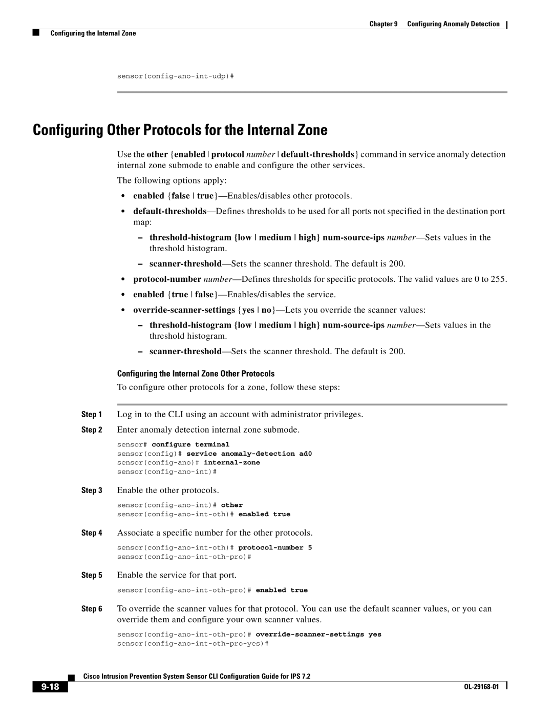 Cisco Systems IPS4510K9 Configuring Other Protocols for the Internal Zone, Configuring the Internal Zone Other Protocols 