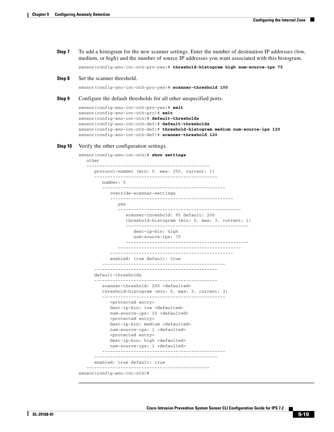 Cisco Systems IPS4510K9 manual Set the scanner threshold, Verify the other configuration settings 