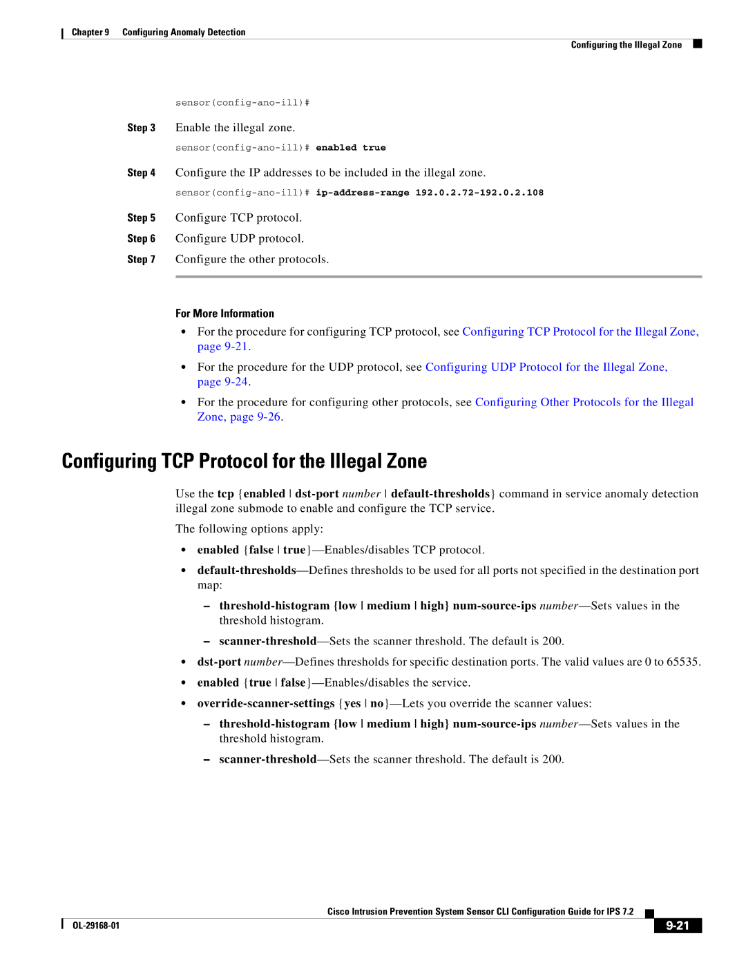 Cisco Systems IPS4510K9 manual Configuring TCP Protocol for the Illegal Zone, Enable the illegal zone 