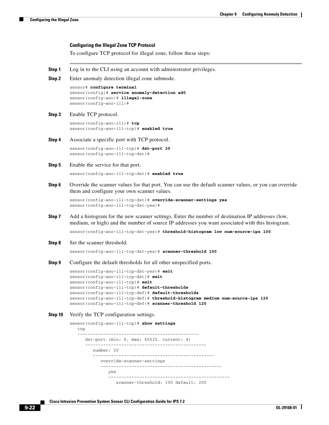 Cisco Systems IPS4510K9 manual Configuring the Illegal Zone TCP Protocol, Sensor# configure terminal 