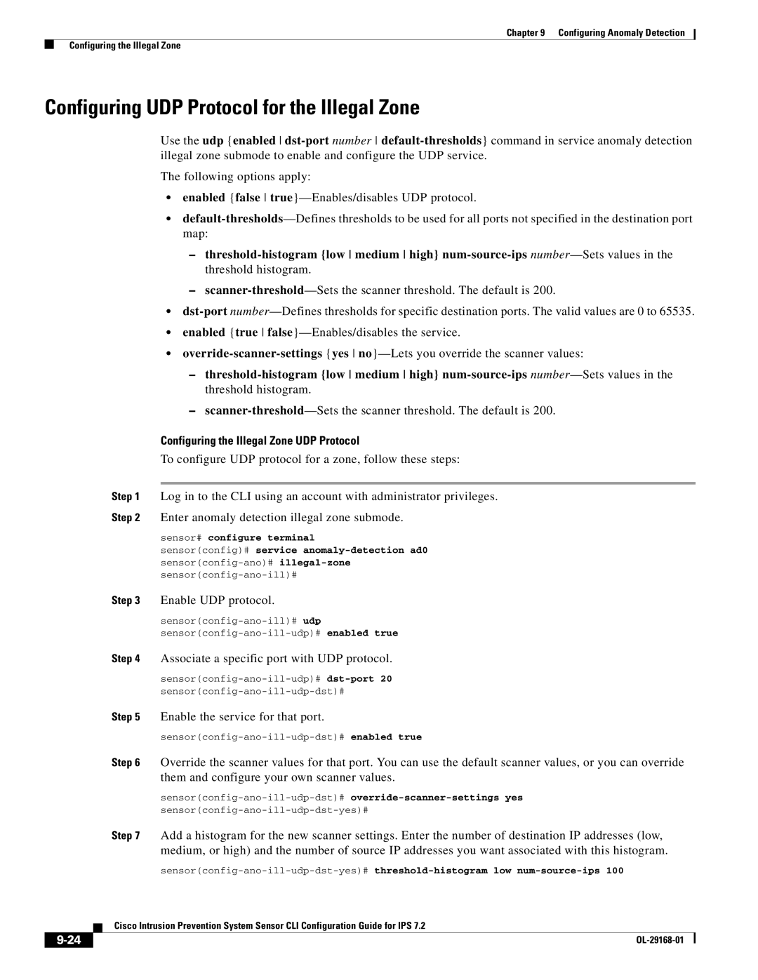 Cisco Systems IPS4510K9 manual Configuring UDP Protocol for the Illegal Zone, Configuring the Illegal Zone UDP Protocol 