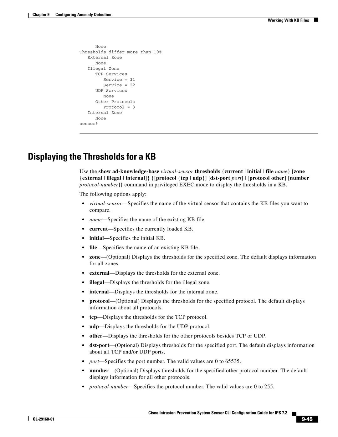 Cisco Systems IPS4510K9 manual Displaying the Thresholds for a KB 