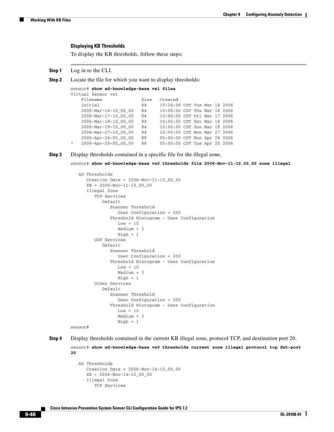 Cisco Systems IPS4510K9 manual Displaying KB Thresholds, Sensor# show ad-knowledge-base vs1 files Virtual Sensor vs1 