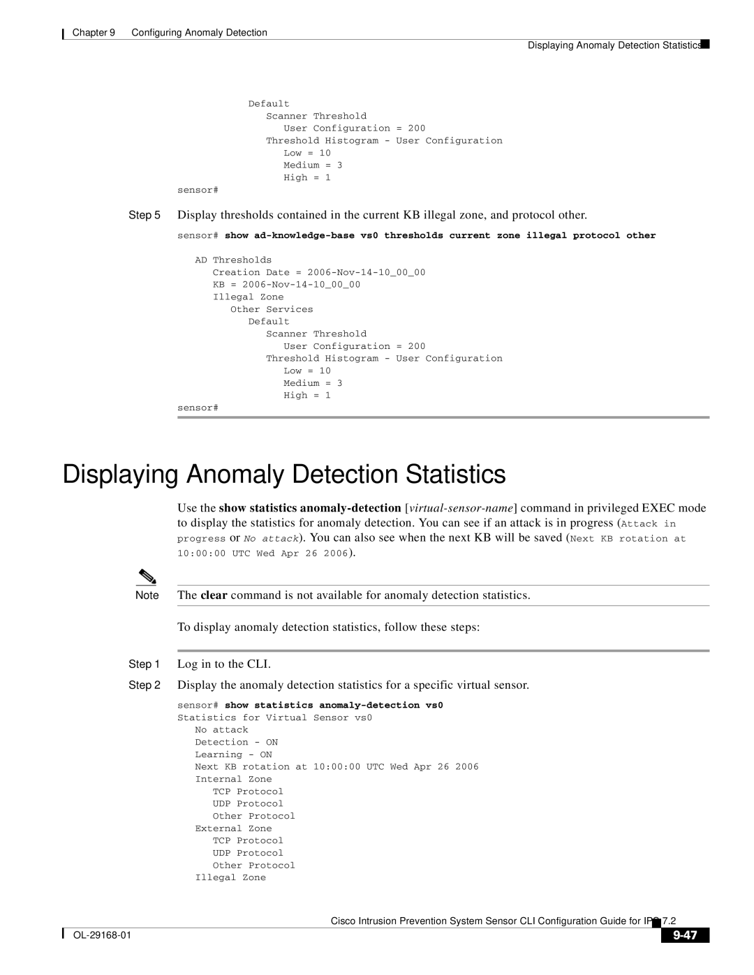 Cisco Systems IPS4510K9 manual Displaying Anomaly Detection Statistics, Sensor# show statistics anomaly-detection vs0 