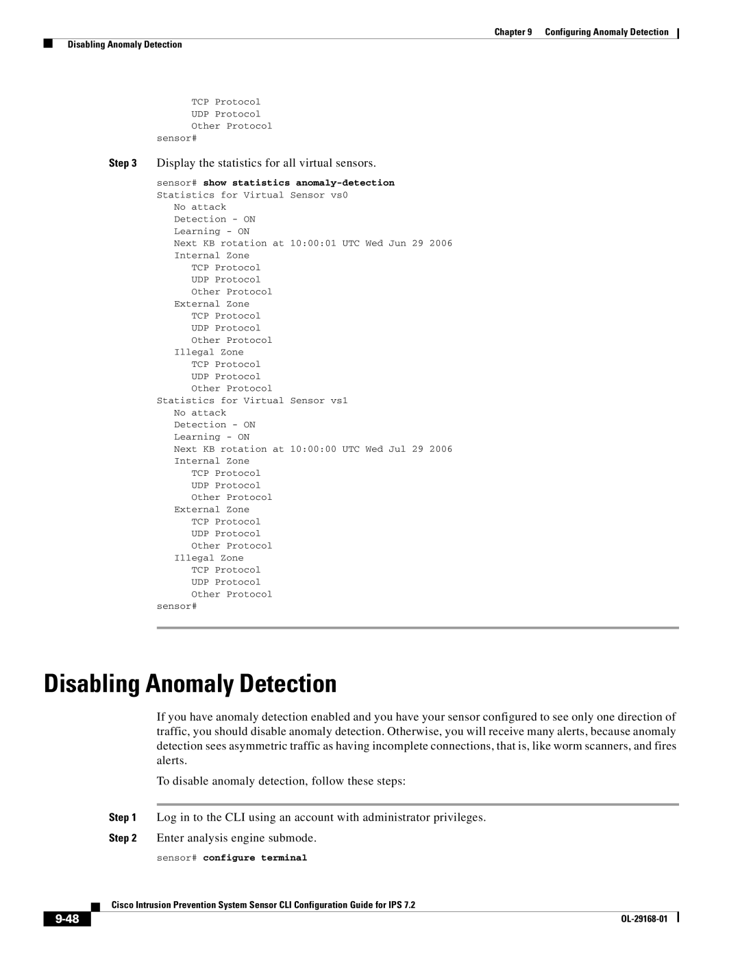 Cisco Systems IPS4510K9 manual Disabling Anomaly Detection, Display the statistics for all virtual sensors 