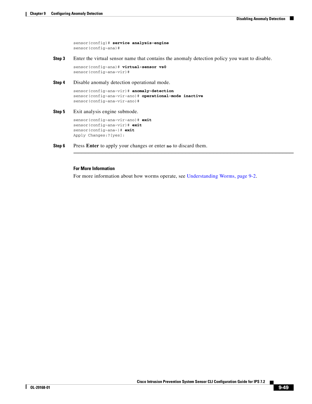 Cisco Systems IPS4510K9 manual Disable anomaly detection operational mode, Sensorconfig# service analysis-engine 