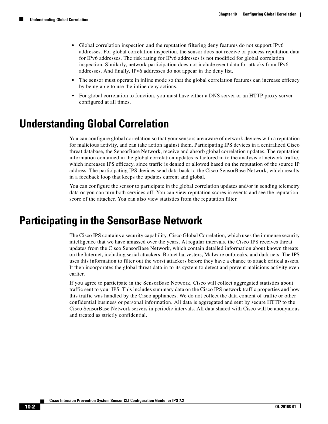 Cisco Systems IPS4510K9 manual Understanding Global Correlation, Participating in the SensorBase Network, 10-2 