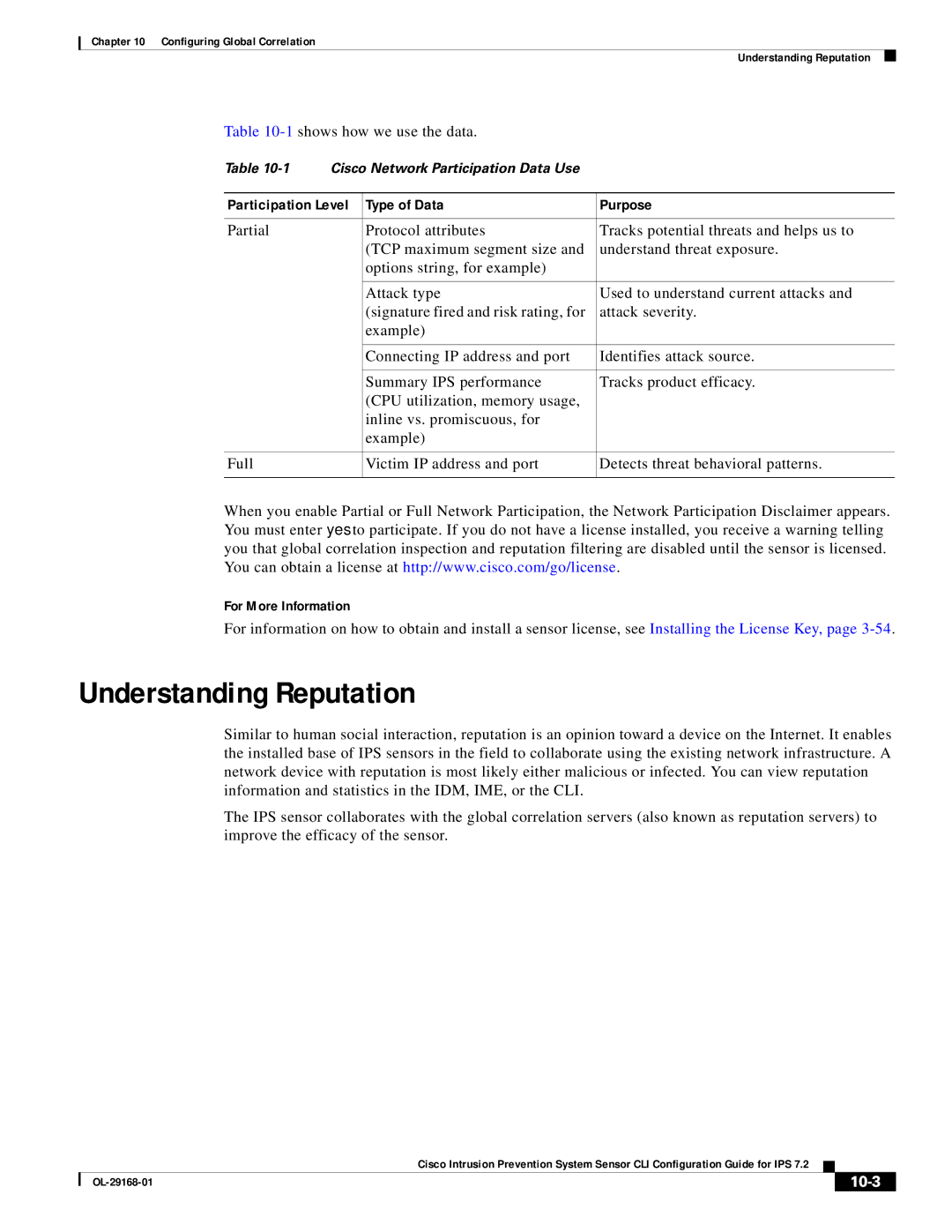 Cisco Systems IPS4510K9 manual Understanding Reputation, 1shows how we use the data, Type of Data Purpose, 10-3 