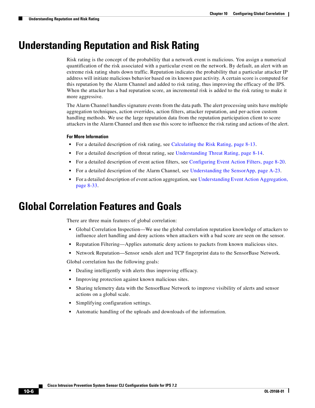 Cisco Systems IPS4510K9 manual Understanding Reputation and Risk Rating, Global Correlation Features and Goals, 10-6 