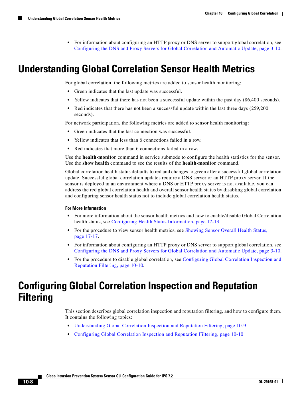 Cisco Systems IPS4510K9 manual Understanding Global Correlation Sensor Health Metrics, 10-8 