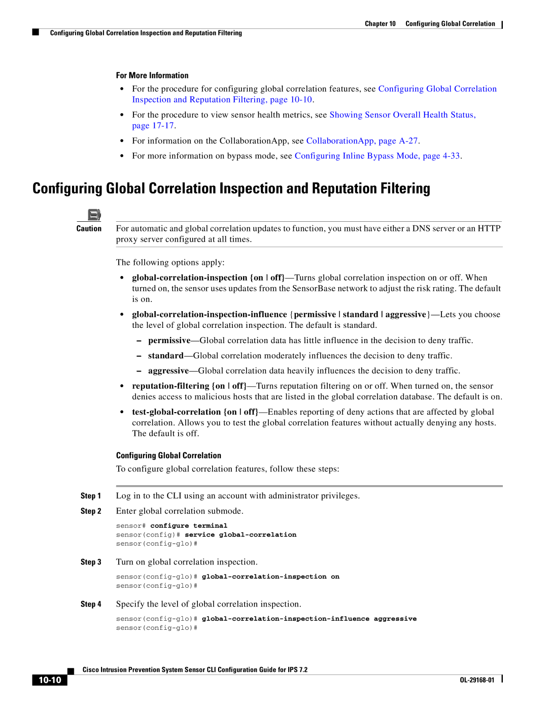 Cisco Systems IPS4510K9 manual Configuring Global Correlation, Turn on global correlation inspection, 10-10 