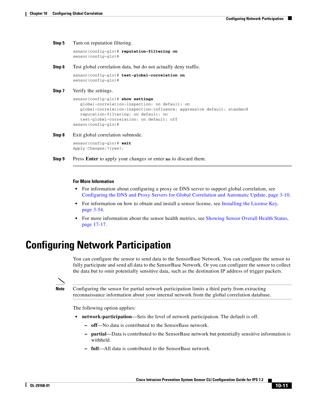 Cisco Systems IPS4510K9 Configuring Network Participation, Turn on reputation filtering, Exit global correlation submode 