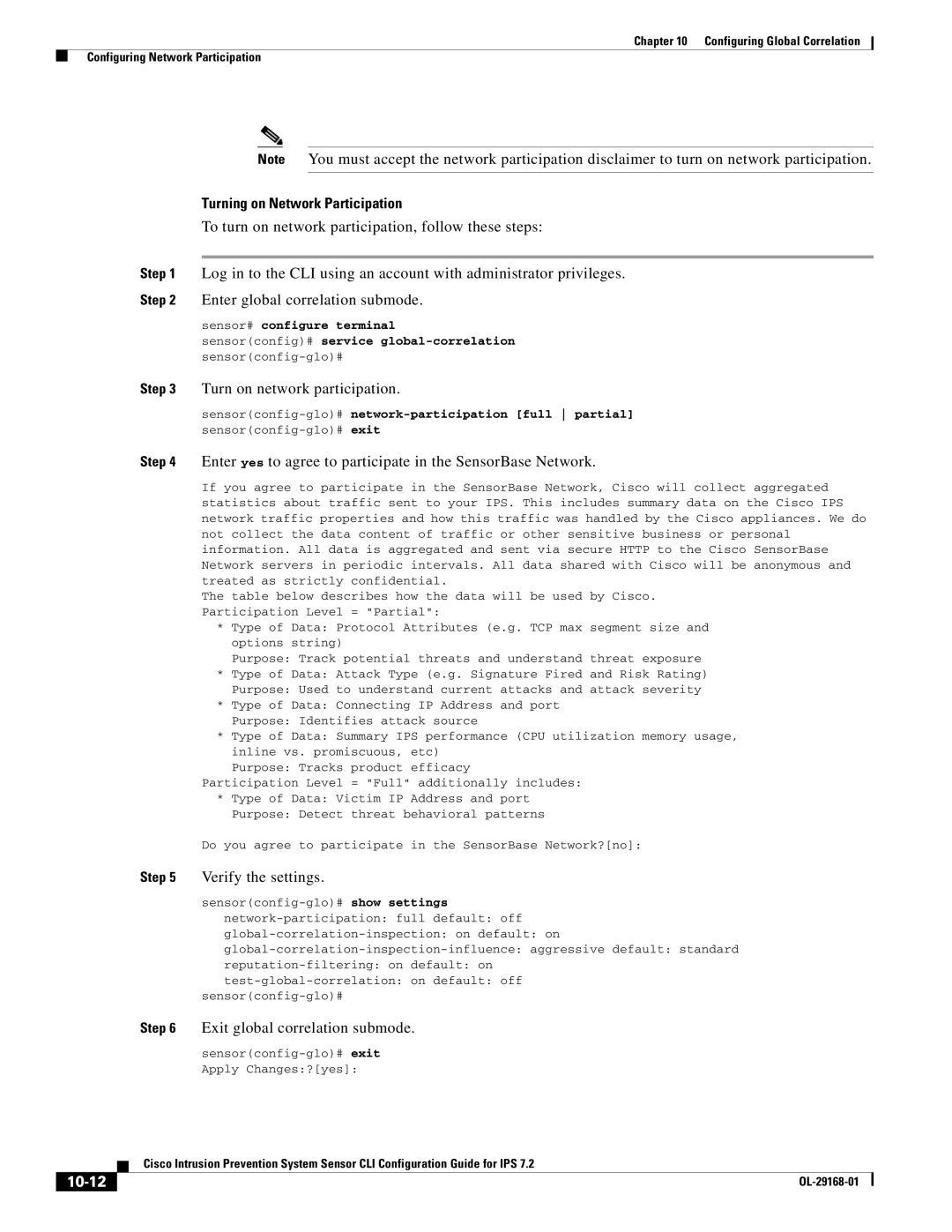 Cisco Systems IPS4510K9 manual Turning on Network Participation, Turn on network participation, 10-12 