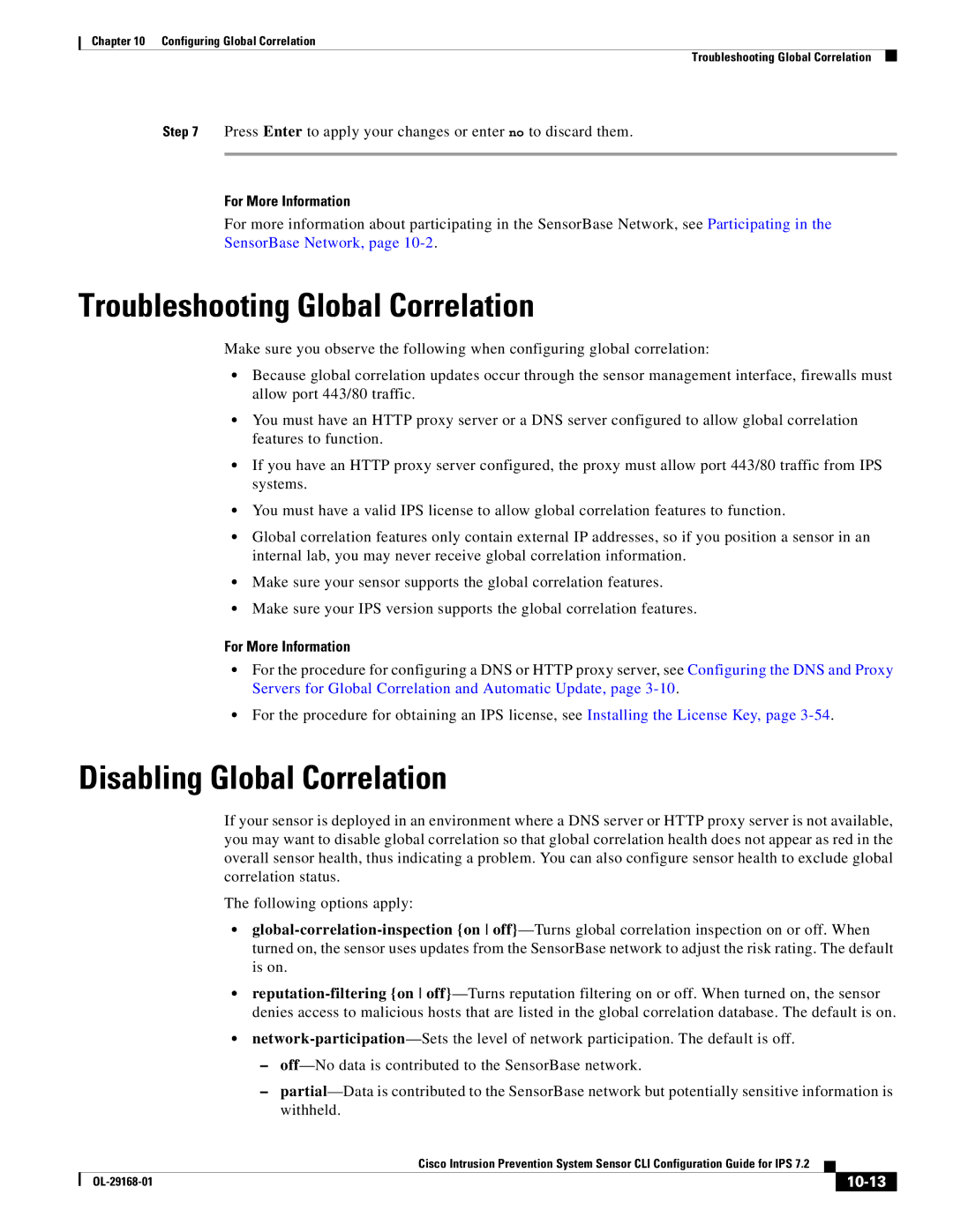 Cisco Systems IPS4510K9 manual Troubleshooting Global Correlation, Disabling Global Correlation, 10-13 