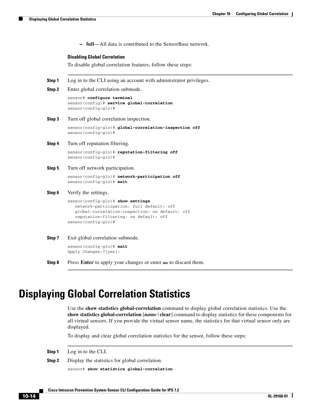 Cisco Systems IPS4510K9 manual Displaying Global Correlation Statistics, Disabling Global Correlation, 10-14 