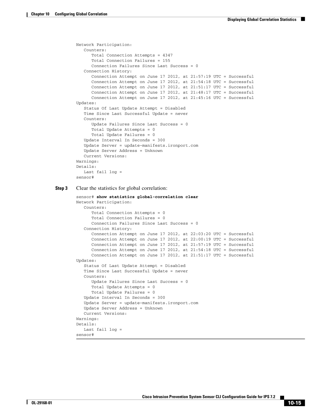 Cisco Systems IPS4510K9 manual Clear the statistics for global correlation, 10-15 