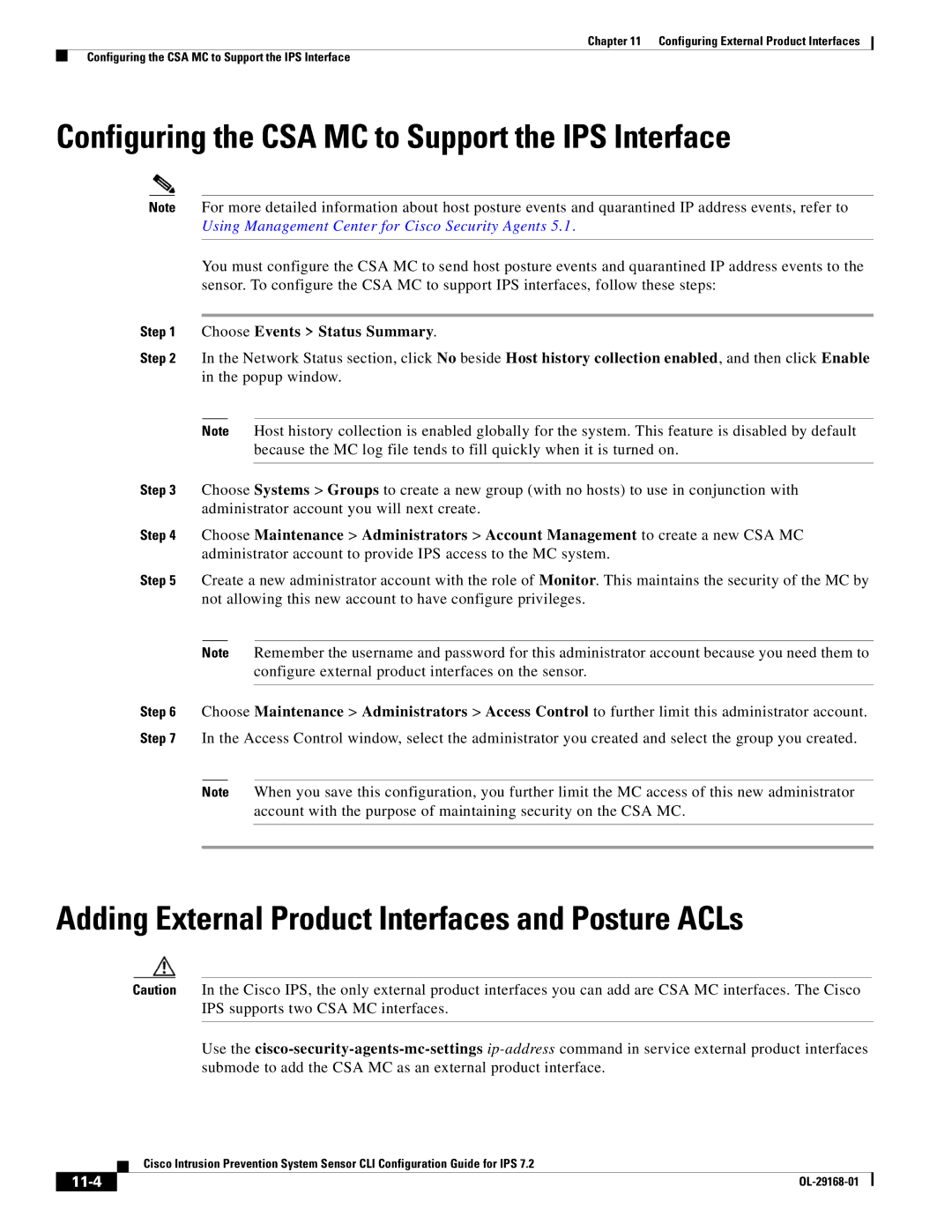 Cisco Systems IPS4510K9 manual Configuring the CSA MC to Support the IPS Interface, 11-4 